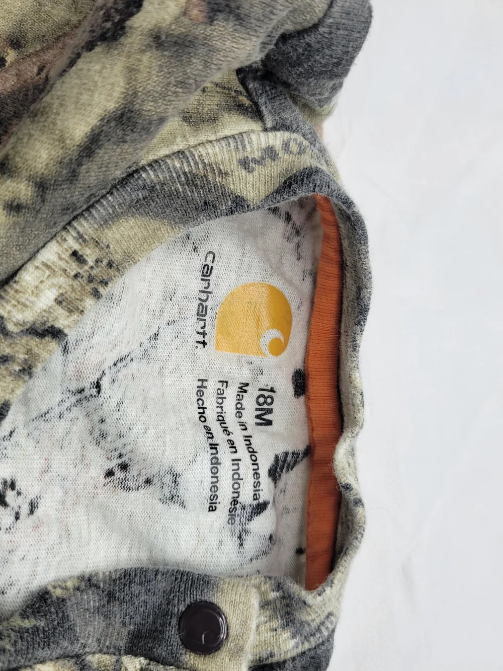Carhartt Camo One-Piece Bodysuit with Orange Logo